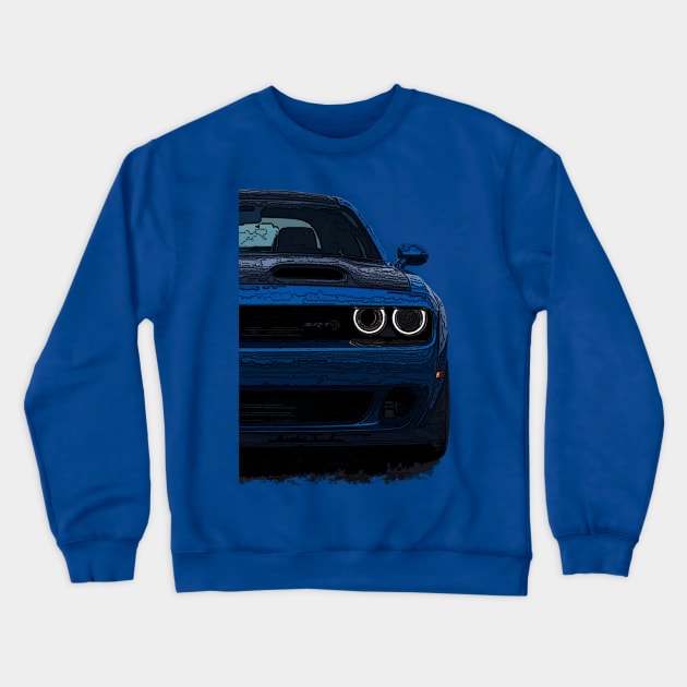 Challenger's Aura: Dodge Challenger Front Body Posterize Car Design for Teen Enthusiasts Crewneck Sweatshirt by GearHead Threads